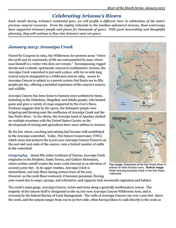 Flyer about Aravaipa Creek in Arizona, with text and a map showing its location near Phoenix and Tucson.