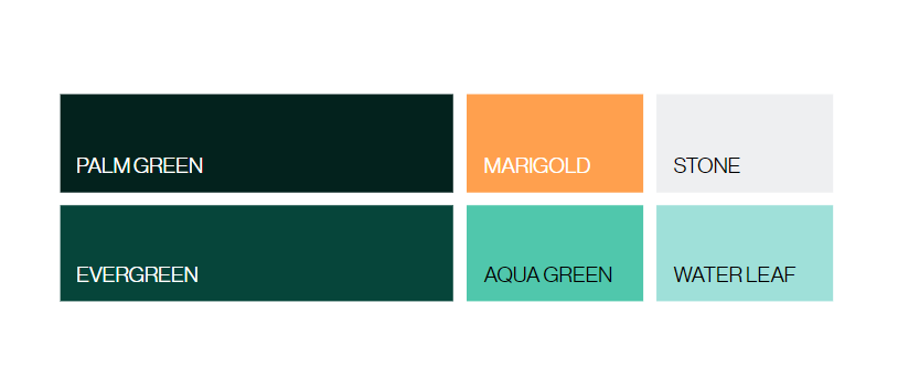 Palm green, Marigold, Stone, Evergreen, Aqua Green, Waterleaf