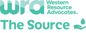 TheSource_HorizontalLogo_Aqua Logo of Western Resource Advocates with text "WRA The Source" in teal, showing a graphic of a hand holding a droplet.