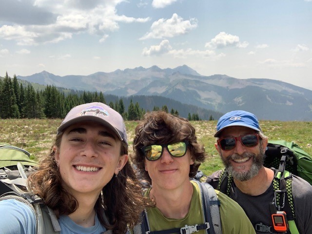 WRA president Jon Goldin Dubois poses with son and friend on Colorado Trail