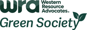GreenSociety_HorizontalLogo_Evergreen Logo for "Western Resource Advocates Green Society" featuring stylized text and a leaf design.