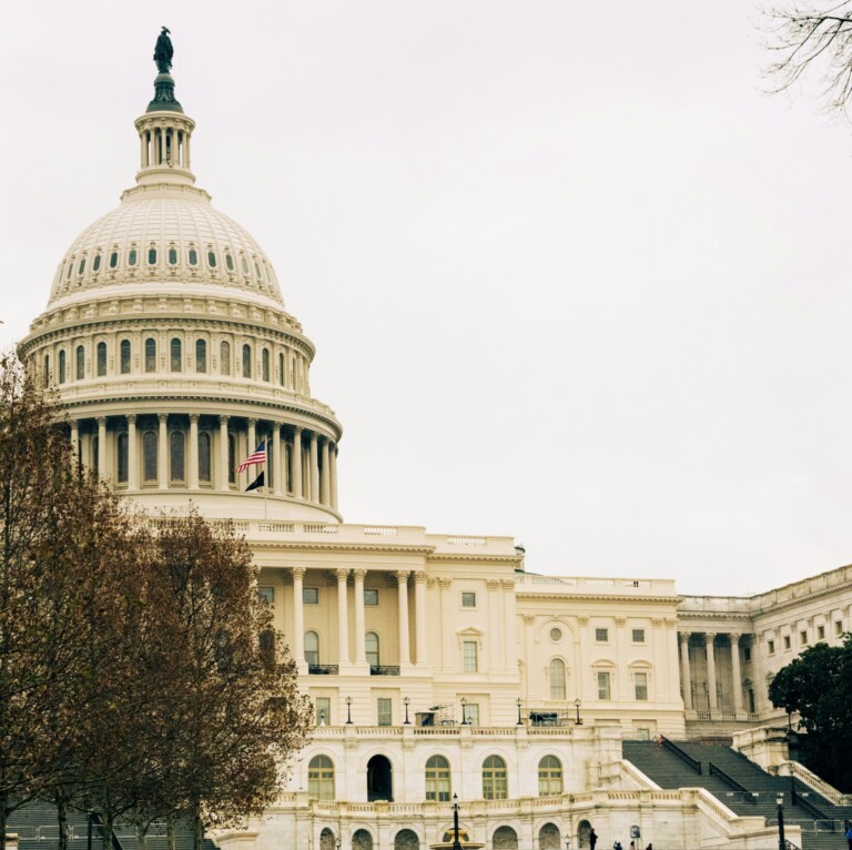 The United States Capitol building with its white dome and columns, surrounded by trees on an overcast day.