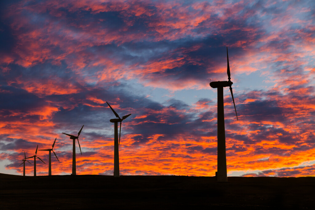 Wind turbines, symbols of climate resilience, are silhouetted against a dramatic sky with vibrant orange and blue clouds at sunset.