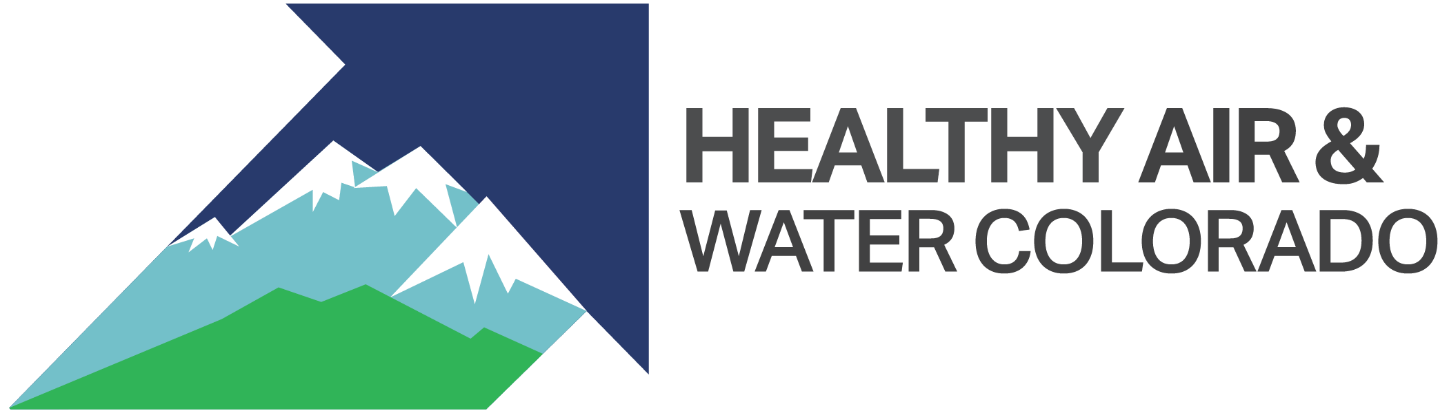 Logo with stylized blue arrow featuring white mountain peaks and green hills, next to the text "HEALTHY AIR & WATER COLORADO" in bold capital letters.