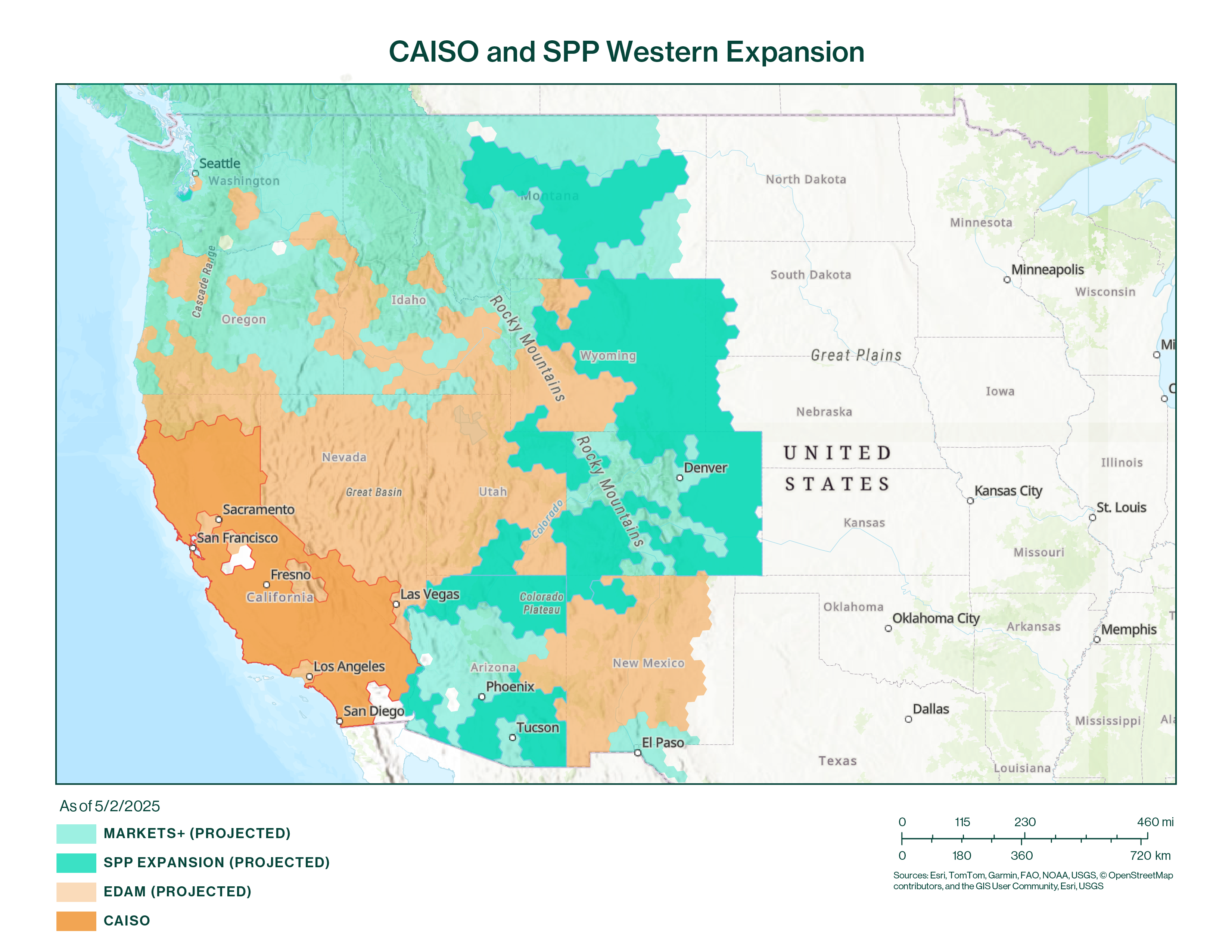 Recolored Map-01 Map showing projected market and expansion regions for CAISO and SPP in the western United States, color-coded by area as of May 25, 2023.