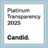 Square badge with a light blue border reads "Platinum Transparency 2025" and "Candid." in bold black text.