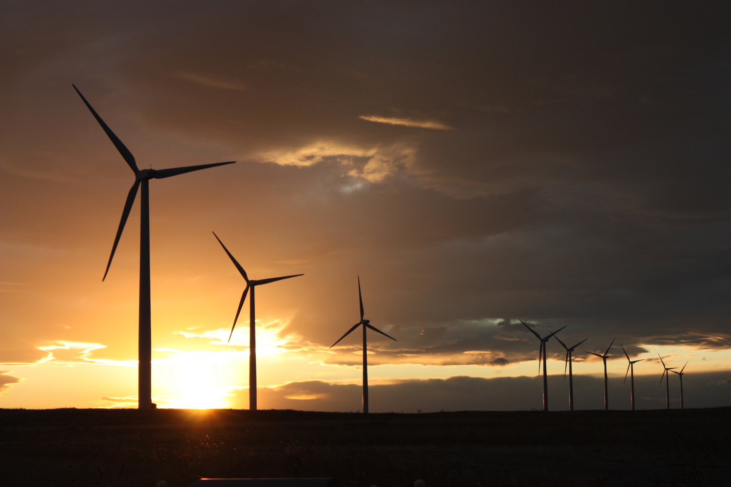 wind turbines sterling colorado_adobe stock 1500px Rows of wind turbines are silhouetted against a dramatic sunset sky with scattered clouds.