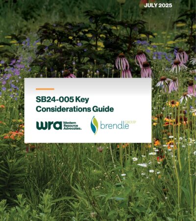 Cover of a guide titled "SB24-005 Key Considerations Guide" with Western Resource Advocates and Brendle Group logos, set against a background of a wildflower garden.