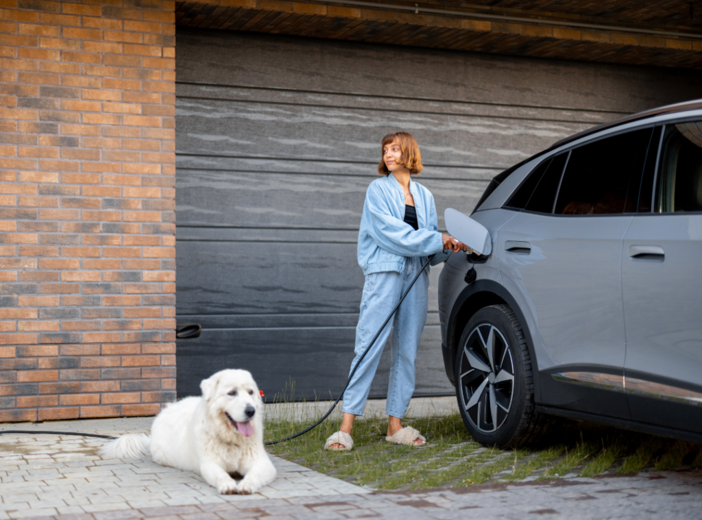 Untitled-3-EV charging A woman in denim clothes charges an electric car in a driveway while a large white dog lies nearby on the ground.