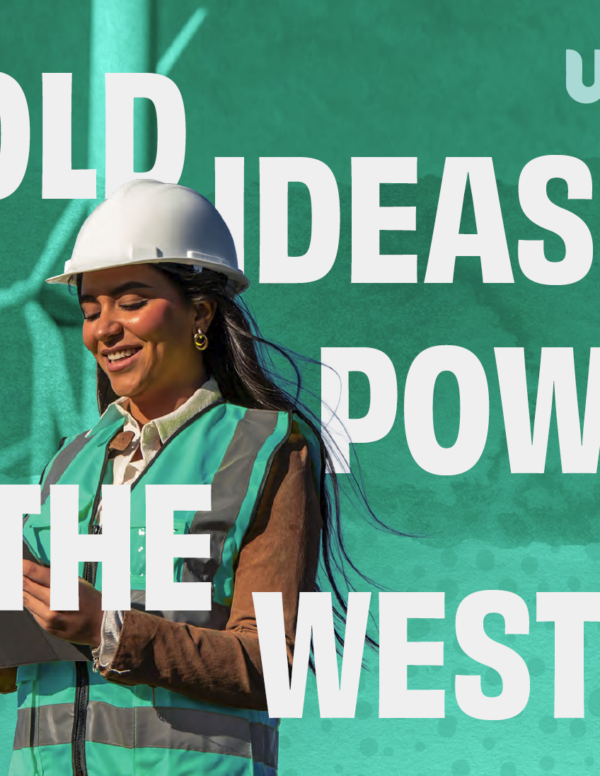 A woman in a safety vest and hard hat holding a clipboard stands in front of wind turbines. Text reads: 