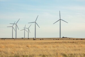 A windfarm on vast plain with brown grass in Northern Colorado.