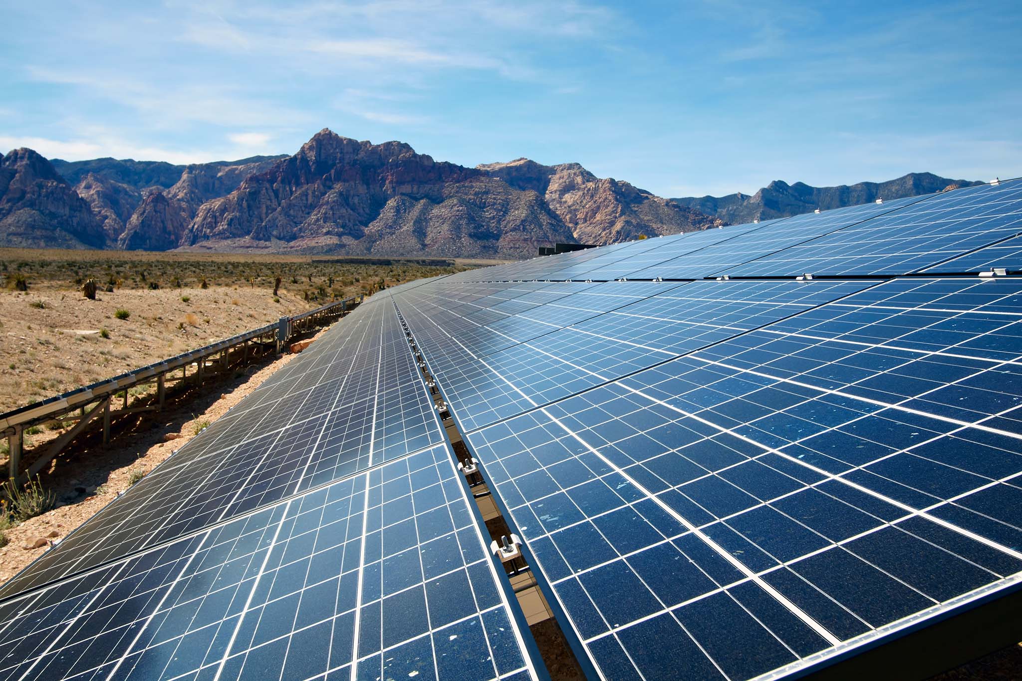 View of solar panels in the Mojave Desert.
